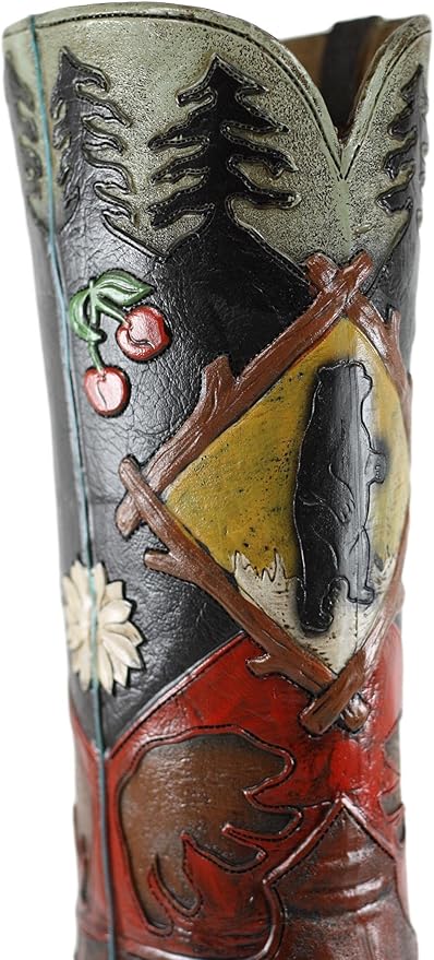 Ebros Rustic Southwestern Black Bear Country with Pine Trees and Cherries Forest Cowboy Cowgirl Boot Decorative Figurine Or Floral Vase Planter Tooled Leather Finish Table Shelf Countertop Accent
