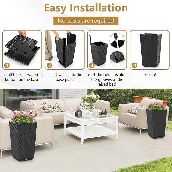 Giantex Outdoor Wicker Flower Pot Set of 2, 22.5 Inch Tall Planters with Drainage Hole, Self-Watering Tray, Rattan Flower Pots, Indoor Outdoor Planter for Porch Door Front Balcony Entryway (Black)