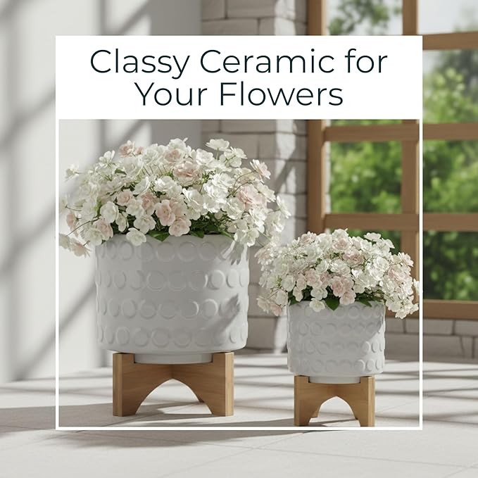 Set of 2 Ceramic Planters with Bamboo Plant Stand Indoor – Elevated Plant Stand Display, Living Room or Patio Planters – Textured Design for Modern Balance and Warmth, Home Decor – 7" & 10.5", White