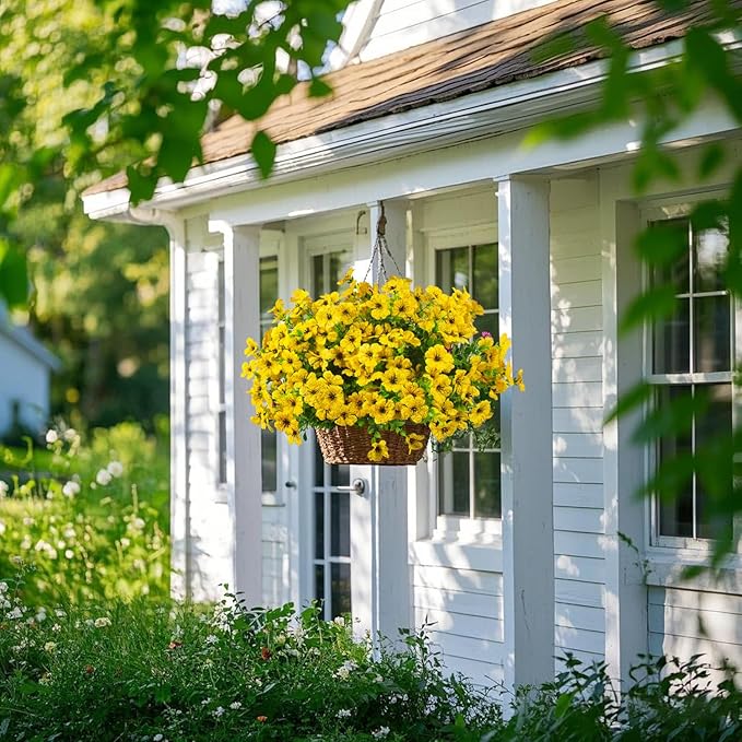 Grunyia Artificial Fake Flowers for Outdoor Spring Decoration, 16 Bundles Faux Silk Colorful Daisy UV Resistant Realistic for Outside Porch Patio Home Yard Garden Planters Pots Window Box (Yellow)
