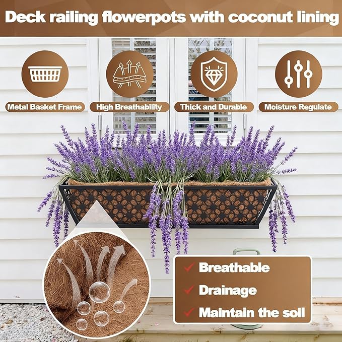 4 Pack 24 Inch Window Box Planters Outdoor,Deck Railing Planter Boxes with Coco Liner,Metal Hanging Window Flower Boxes for Balcony Fence Porch Garden Railing – Outdoor Window Flower Box