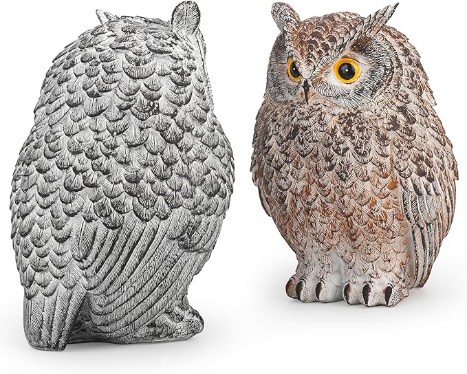 Yanflerent 2 Pack Realistic Owl Statues for Indoor & Outdoor Decoration, Effective Birds Deterrent for Garden, Patio, Yard, and Home Decor, Suitable for Spring Decor (Brown & Gray)