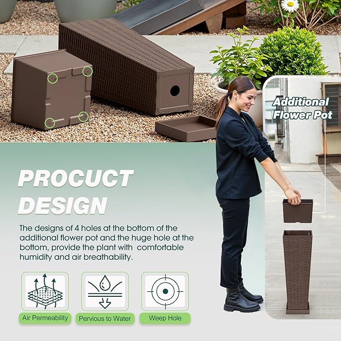 Flamaker Set of 2 Resin Rattan Planters with Tray for Indoor Outdoor, 24'' Tall Flower Pots with Drainage Holes&Inner Pot, Tapered Planters for Garden, Patio, Porch (Brown, Small)