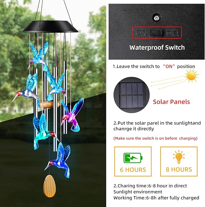 DesGully Wind Chimes,Hummingbird Solar Wind Chimes for Outside Color Changing,4 Aluminum Tubes Wind Bell for Garden/Patio Decor Thanksgiving Gifts for Mom, Wife, Grandma Neighbors(25 Inch Deep Tone)