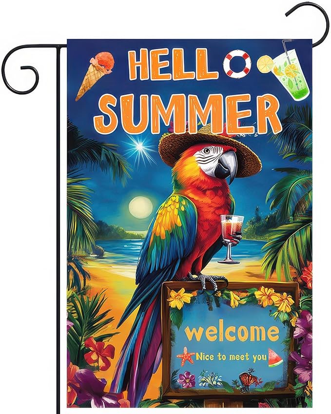 Hello Summer Garden Flag 12x18 inch Double Sided Tropical Parrot Flags Beach Welcome Themed Banner Colorful Summer Outdoor Decor for Yard Patio Garden Holiday Decoration