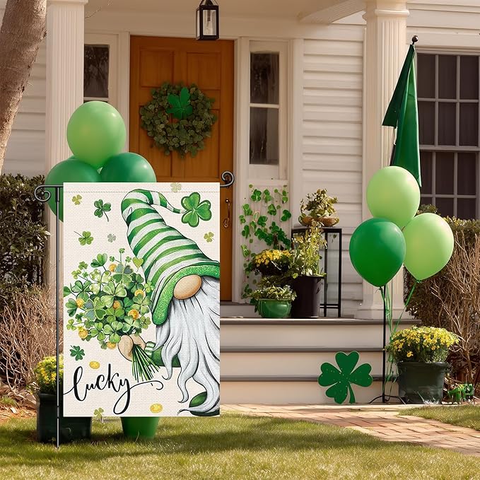 Louise Maelys St Patrick's Garden Flag Gnome Lucky Shamrock Clover 12x18 Inch Double Sided Floral Small Burlap Welcome Saint Patricks Spring Holiday Yard Sign Outside House Decor