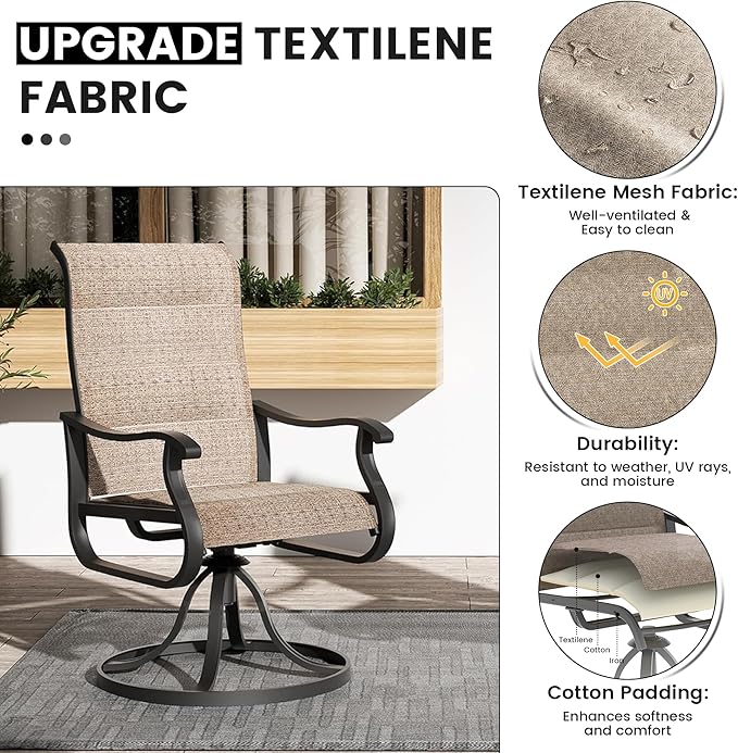 Patio Swivel Chairs Set of 2, Outdoor Dining Chairs with High Back, All-Weather Swivel Rocker Chair for Lawn, Porch or Garden (Padded Brown)