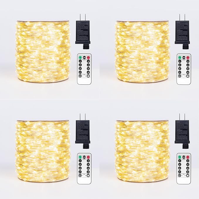 Fairy Lights Plug in,4Pack 100FT 300LEDs Waterproof Led String Lights,8Modes Remote Twinkle Light for Outdoor Indoor Christmas Wedding Birthday Garden Party Decorations,Silver Wire,Warm White