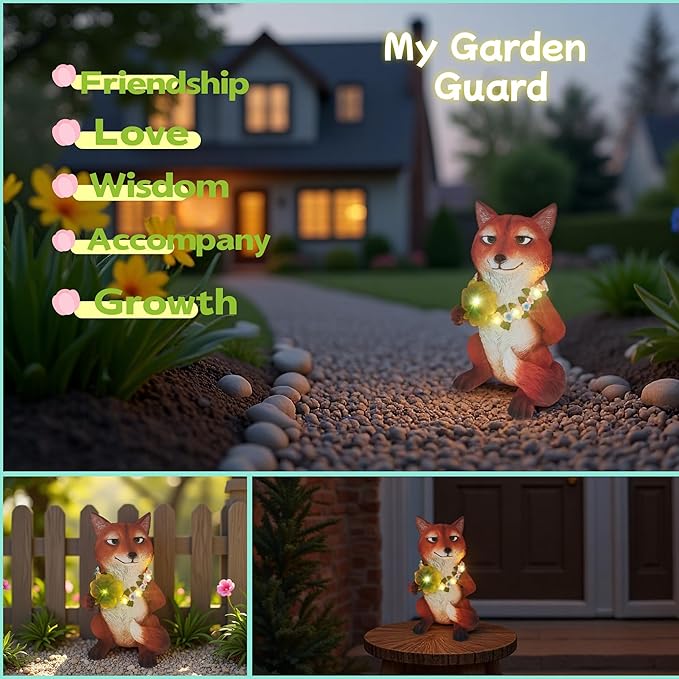 Solar Fox Garden Statue Nick Inspired 12 Inch, Resin Red Fox Figurine Led Outdoor Decor w/ Four-leaf Clover Light, Collectible Garden Guardian Yard Patio Ornaments for Spring St.Pactrick's Mom Gifts