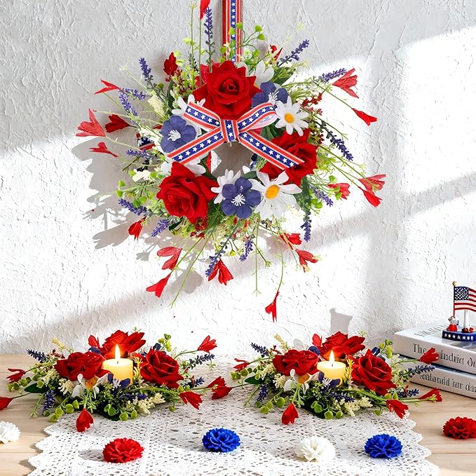 8 PCS Mini Patriotic American Cabinet Wreaths Small Red White and Blue Floral Wreath for Front Door with Ribbon Roses Daisy Forsythia July Independence Day Hanging Wreath for Porch Wall Window Decor