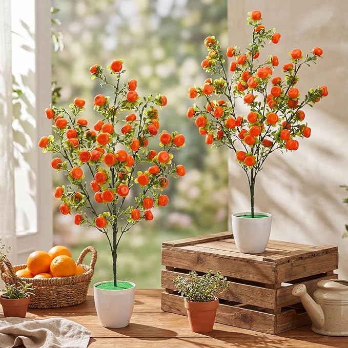 2 Pack Artificial Orange Potted Plants 21.65 Inches Fake Orange Tree Simulation Realistic Fruit Plant with Pot Faux Tree Indoor Decoration for Home Office Living Room Table Desk