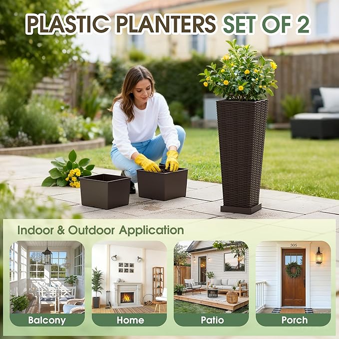 Set of 2 Tall Plastic Planters with Saucer, 24 Inch Height Pots with Drainage Trays, Brown