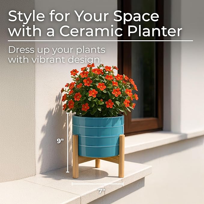 Ceramic Planter with Wooden Stand – Modern Home Decor Stoneware Plant Pot with Elevated Base – Decorative Indoor & Outdoor Planter with Legs for Living Room, Bedroom, Patio, or Garden – 9", Blue