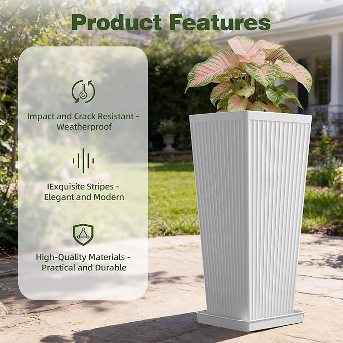 Trygoal Square Tall Planters for Outdoor Plants Set of 2-23.6" Modern Tapered Indoor Flower Pots with Drainage Holes/Partition/Tray, Large Outdoor Planters for Porch Patio Garden Front Porch, White