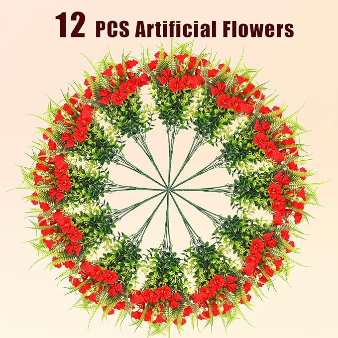 HIAGROW Artificial Flowers Outdoors 12 Bundles Artificial Petunias Fake Flowers UV Resistant Shrubs Plants with Fern for Indoor Outside Hanging Planters Home Garden Summer Decorations (Red)