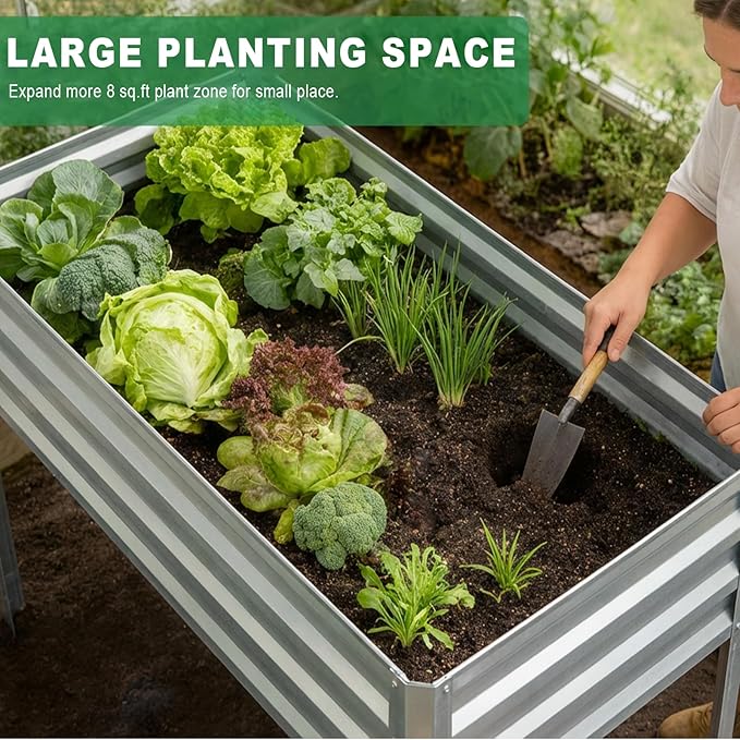 Elevated Raised Garden Bed with Legs, 48x24x32in Galvanized Planter Box Outdoor with Drainage Holes, Large Metal Raised Beds for Gardening Vegetables Herbs, Backyard, Patio, Balcony - Silver