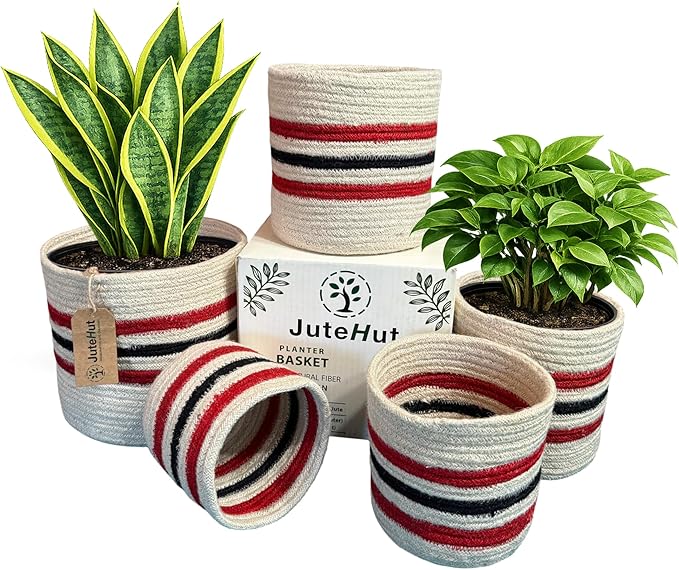 Plant Basket Set of 5, Handwoven Jute Planter Baskets for Indoor Plants, Home Decor and Nursery, Woven Rope Baskets, 5 to 8 Inch, White with Red and Black Stripes