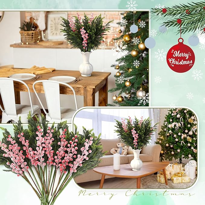 24 Pcs 23 Inch Christmas Realistic Norfolk Pine Branch Set with Red Berry Stems Artificial Green Plants Branches Faux Greenery Stem Fake Cedar Picks for Vase DIY Garland Wreath Home Decor