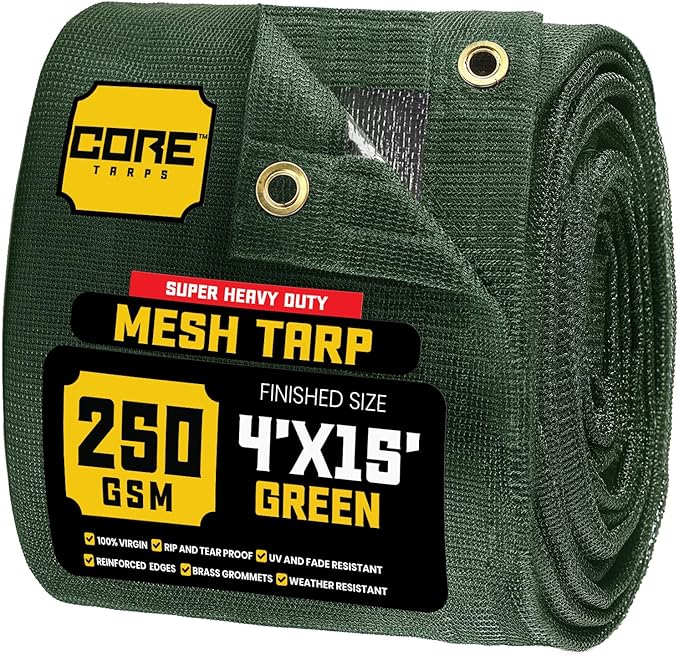 Core Tarps 60% Green Shade Cloth with Grommets - 4 X 15 FT Heavy Duty Mesh Tarp - Sun Shade Cloth for Garden Vegetables Plants Greenhouse Outdoors Backyard Fences Dump Trucks Patio Mesh Shade Tarp