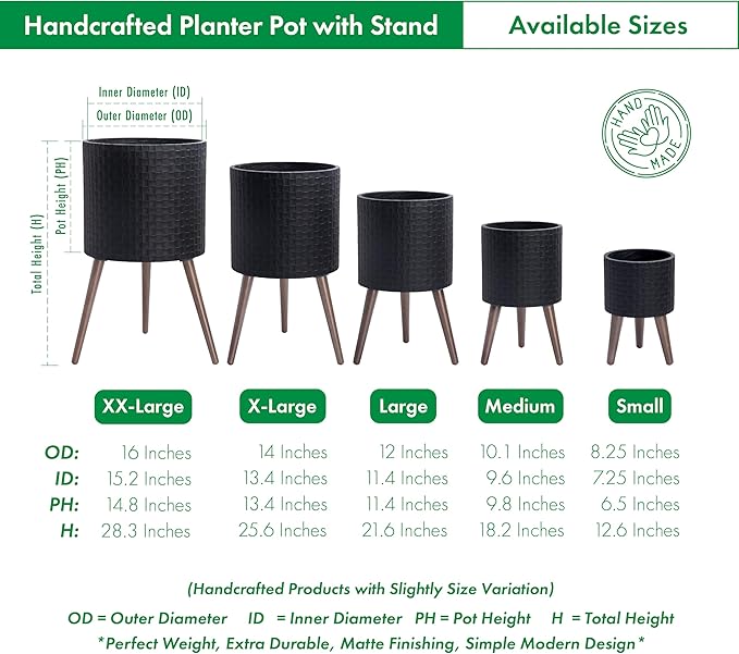 D'vine Dev 14 Inch Modern Geometric Tile Patterned Sleek Planter Pot with Stand, Indoor Outdoor Decorative Plant Holder, Matte Black, 88-Z-D-2