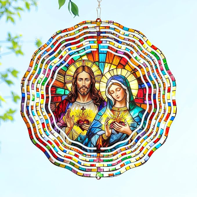 FLAGWIX Sacred Heart Wind Spinners Outdoor - 3D Stainless Steel Metal Wind Spinners 12in - Christian Gifts for Women Faith, Garden Spinner for Yard Decorations Outdoor, Religious Gifts for Mom Grandma