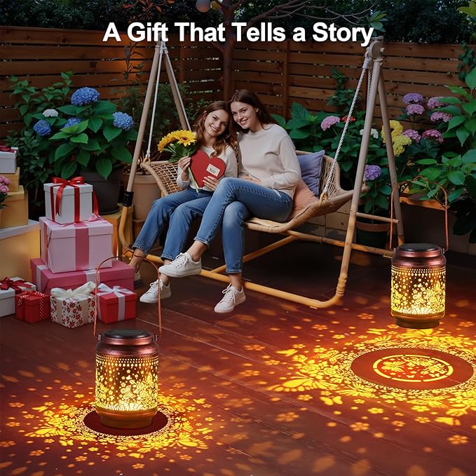 KOOPER Solar Lanterns Outdoor Waterproof Birthday Gifts for Women Mom Grandma, 2 Pack Upgraded Hummingbird Hanging Solar Lantern Lights Outdoor, Metal Outdoor Decoration for Yard (Butterfly and Rose)