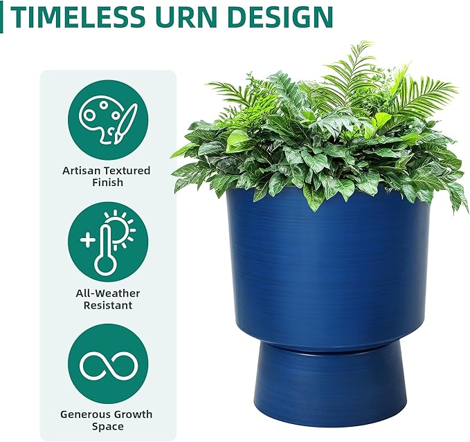 Ultym 16.8" 2-Pack Urn Planters for Outdoor Indoor Plants, Modern 2-in-1 Large Flower Pots with Detachable Base, Drainage Holes, Weather-Resistant for Garden Patio Home Office Decor, Brushed Blue