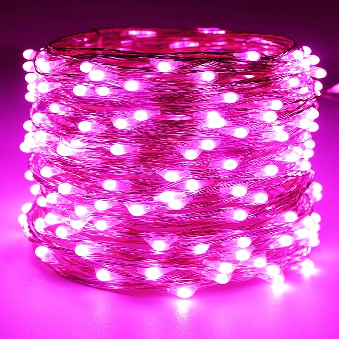 RUICHEN Silver Wire 66 Ft 200 LED USB Fairy String Lights with On/Off Switch (Pink)