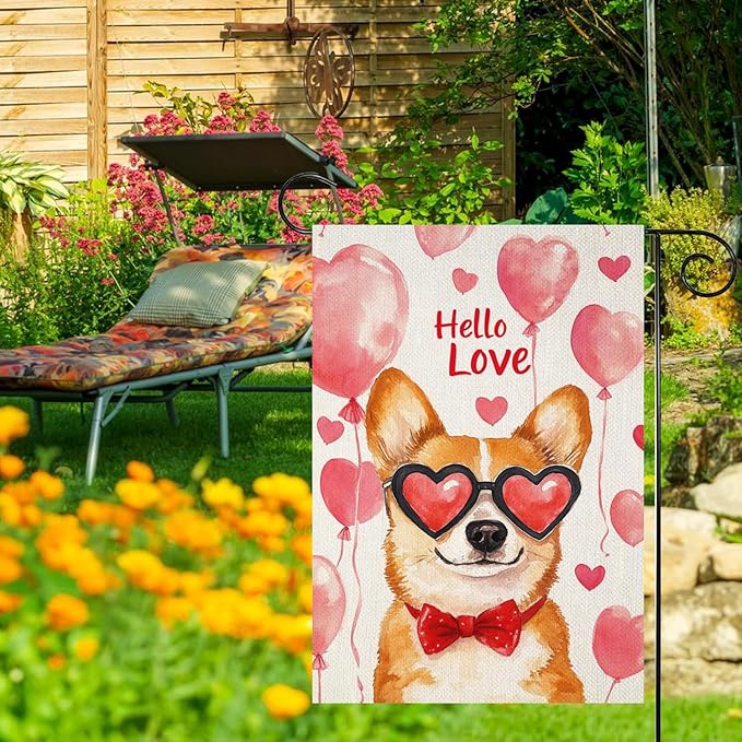 Valentine's Day Welsh-Corgi Hello Love Garden Flag, House Yard Plaid Love Heart Outside Decoration, Spring Holiday Wedding Anniversary Outdoor Small Decor 12x18(12648)