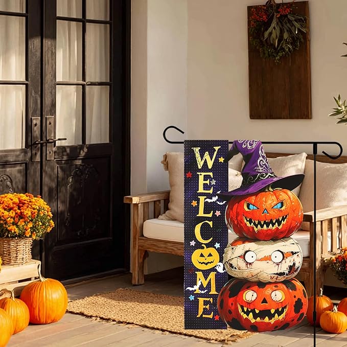 Halloween Pumpkin Monster Garden Flags 12x18 Inch Double Sided, Welcome Funny Small Yard Flags for Outside, Farmhouse Front Porch Outdoor Fall Decor Holiday All Seasons Decoration