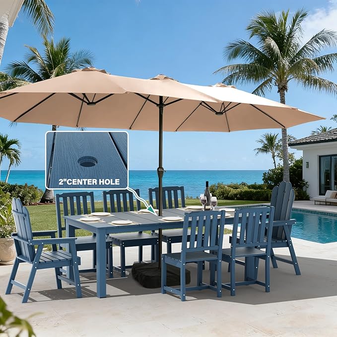 9-Piece Patio Dining Set, Outdoor Dining Set for 8, HDPE All-Weather Outdoor Furniture with 75.20” Umbrella Hole Table, 2 Armchairs & 6 Armless Chairs, Navy