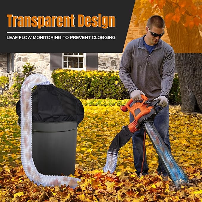 Universal Leaf Collection System for Leaf Blowers & Vacuums, Fits Up to 5” Diameter, Transparent Observation Tubes, Adjustable Mesh Cover for 32–96 Gal Bins