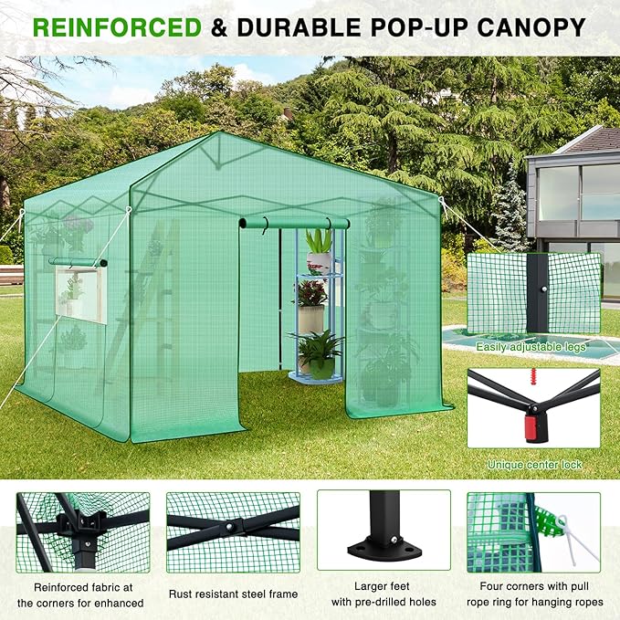 Yesker Greenhouse 10X10 FT Pop Up Greenhouses Tent Walk in Green House with Screen Windows Waterproof PE Cover Portable Large Greenhouse Kit for Outdoor Winter Gardening Backyard Patio Plant Outside