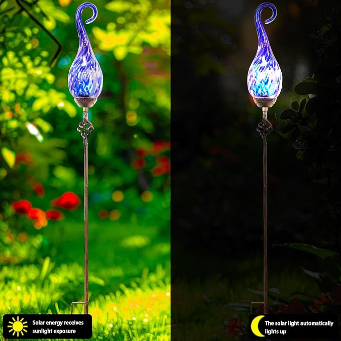 Naboher Garden Solar Lights Outdoor, Decorative LED Pearlized Glass Spiral Garden Stake with Finial, Hand Blown Glass and Metal Outdoor Decoration, 3 x 36 Inch (Dark Blue)