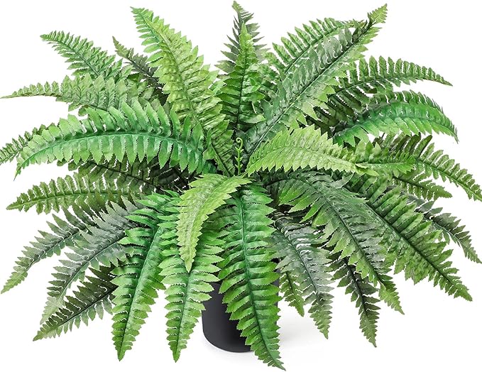 FineCheer Fake Ferns Potted Plant Faux Boston Bush in Pot Artificial Greenery Fern Plant for Spring Summer Patio Garden Farmhouse Windowsill Entrance Porch Office Living Room Decor(34 Leaves)