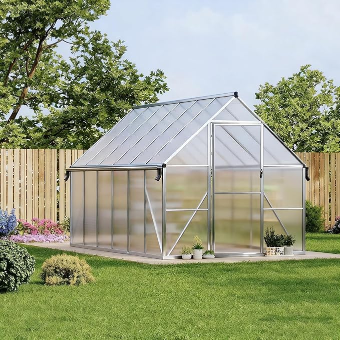8x12ft Outdoor Greenhouse, Green Houses for Outside Walk-in Kit with Roof Vent, Polycarbonate Greenhouse for Winter & All Season Use, Heavy Duty Aluminum Frame