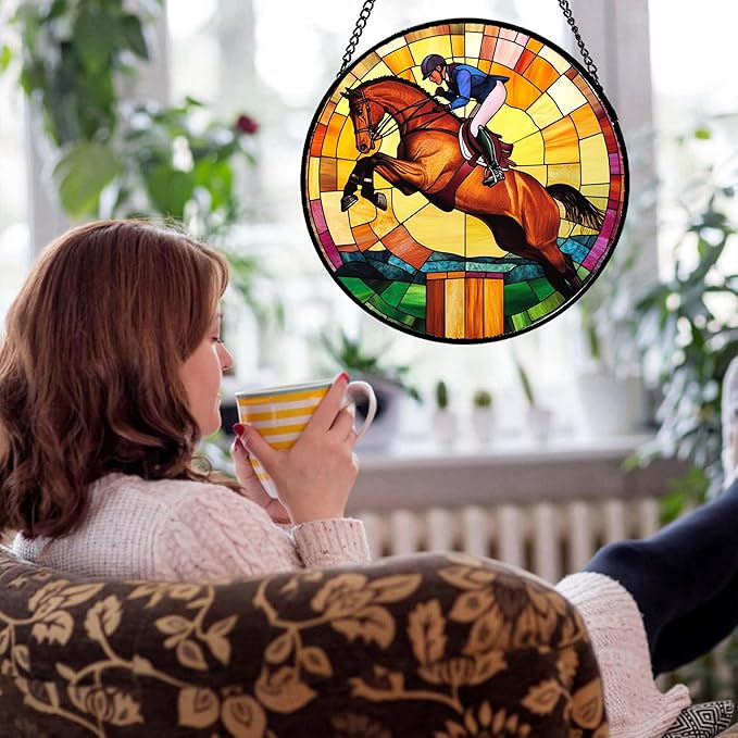Stained Glass Window Hanging Equestrian Sports 7.8" - Horse Suncatcher Door Garden Sunroom Sun Catcher Home Decor Birthday Christmas for Mom Men Woman Nana