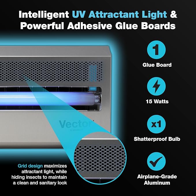 Catchmaster Vector 15 Silver, UV Light Fly Traps Indoor for Home, Gnat Traps for House Indoor, Electric UV Lamp Insect & Mosquito Killer, Silent Bug Light for Kitchen, Shed, Garage