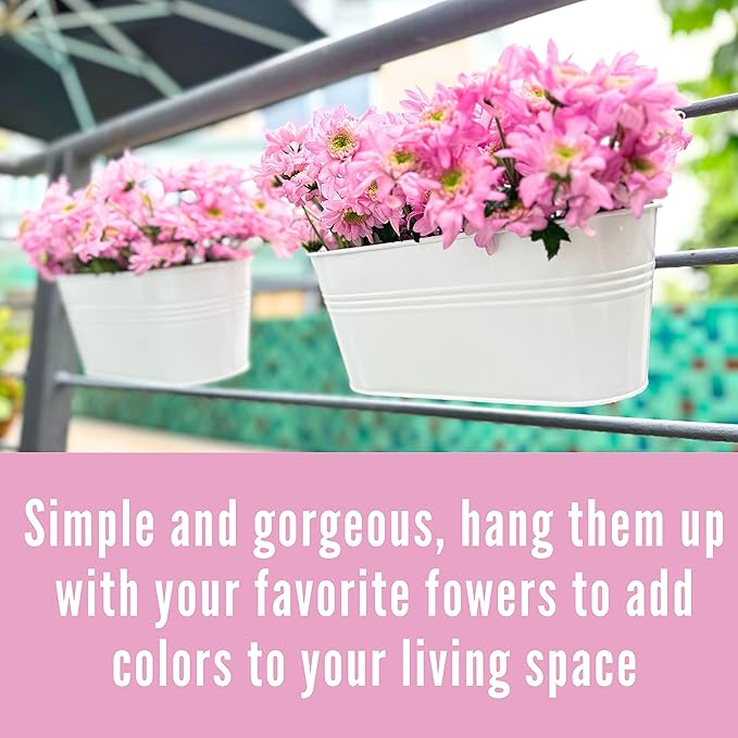 LaLaGreen Rail Planter Outdoor Plants (8 Pack, 11.8 Inch) White Metal Iron Hanging Flower Pots Deck Railings Fence Buckets Modern Countryside Boho Style Wall Mount Window Box Holder Hooks Porch Decor
