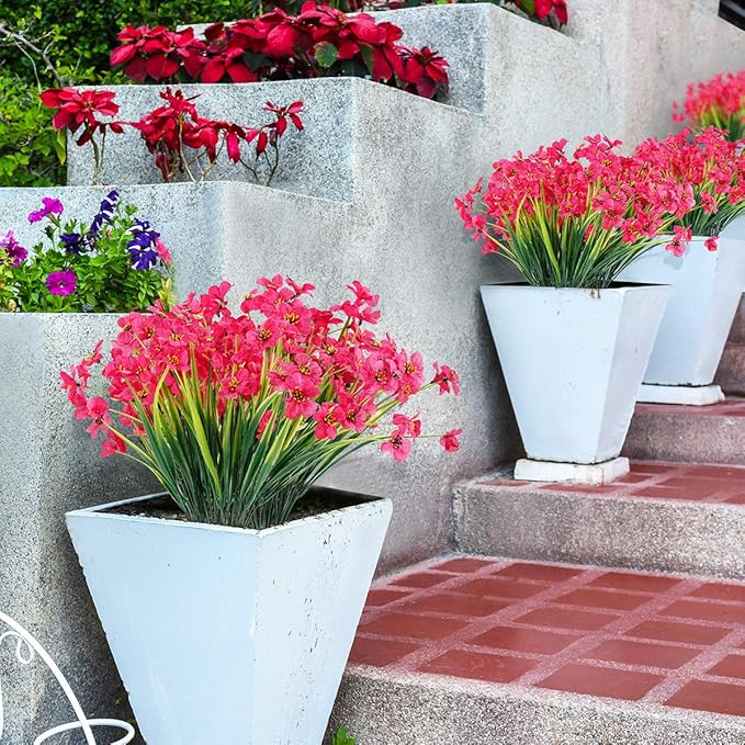 JEMONG 20 Bundles Artificial Flowers Outdoor UV Resistant Fake Flowers No Fade Faux Plastic Plants Garden Porch Window Box Decorating(Rose Red)…
