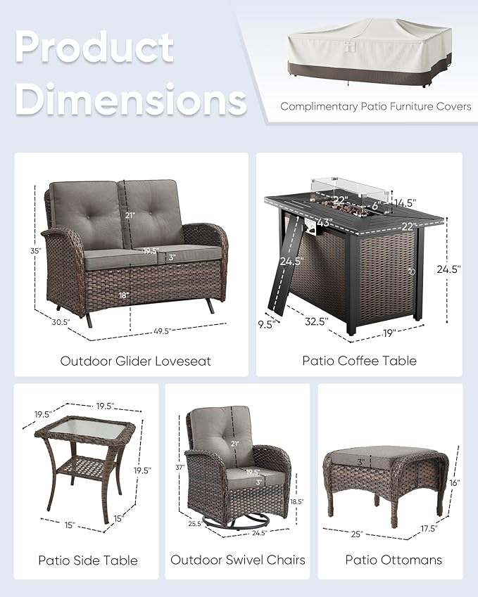 7 Pieces Outdoor Furniture with Fire Pit Deep Seating Outdoor Glider Loveseat with Patio Swivel Chairs Outdoor Furniture Set for Deck Porch Garden Balcony Poolside-Brown/Grey