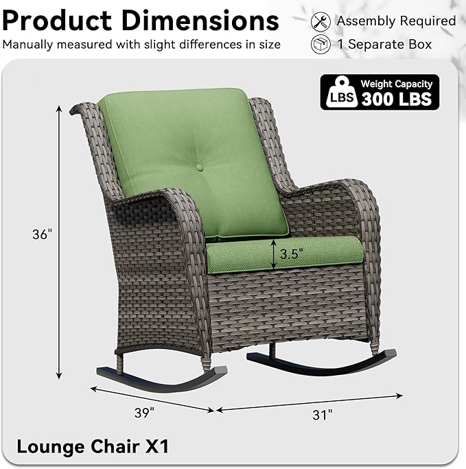 Outdoor Rocking Chair, Wicker Patio Chair with Thickened Olefin Cushions, High Back and Deep Seating, Hand-Woven PE Rattan for Porch, Deck, Balcony, Green