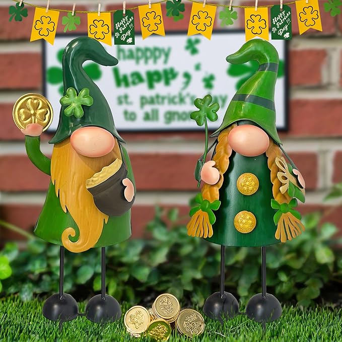 HONGLAND 18 Inch St Patricks Day Decorations Outdoor Gnome Décor, 2Pc Metal Gnomes Figurine with Green Shamrock, Irish Leprechaun St Patrick's Day Decor for Home Outside Garden Lawn Party Yard Patio