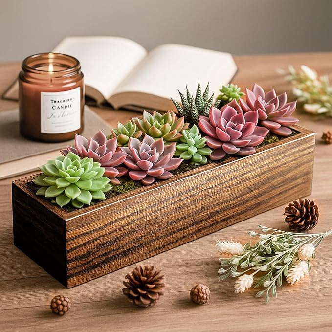 Dandat 5 Set Wood Boxes for Centerpieces 12x4 Inch Rectangle Wooden Planter Box Rustic Wood Planter with Removable Plastic Liner Floral Foam Blocks for Centerpieces Home Wedding Garden Decor