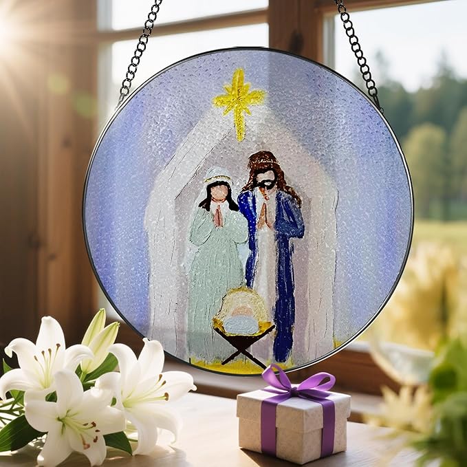 8 Inches Stained Glass Window Hanging, Nativity Scene Ornament, Jesus Birth Christmas Ornament, Holy Family Decor, Christian Holiday Decor, Christian Gift, Religious Gift, Gifts for Christmas