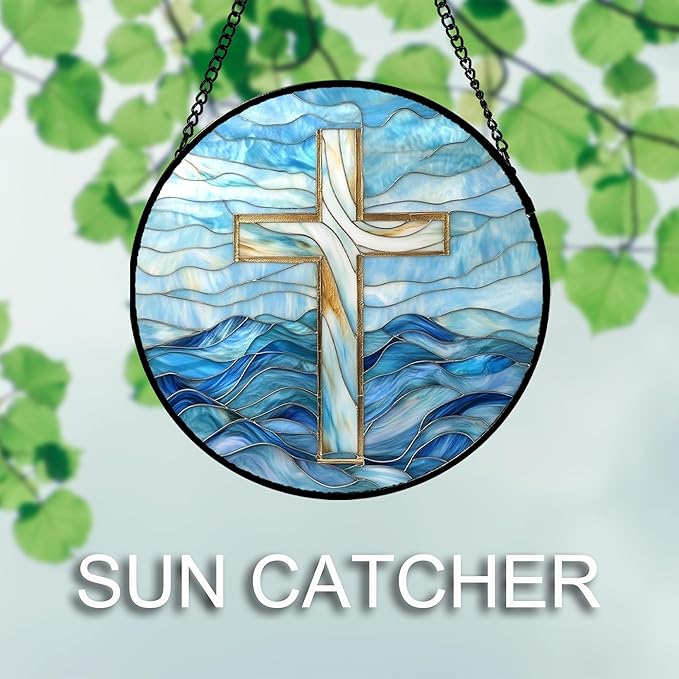 JOSUMALY Christian Gifts for Women - Blue Cross Stained Glass Window Hanging Jesus Easter Ocean Waves Sun Catcher Garden Religion Decor Mother's Day Catholic Gift for Men Grandma Mom Her Nana 11.8"