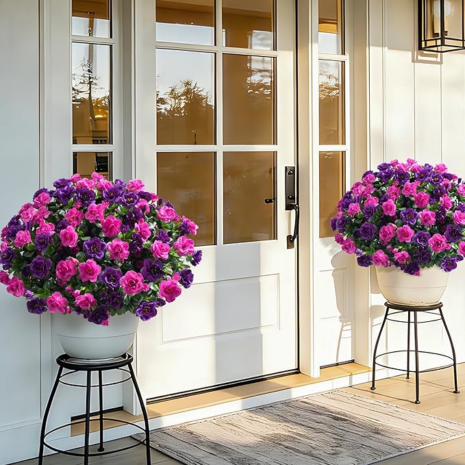 Artificial Fake Outdoor Flowers Plants, Faux Silk Camellia Bundles UV Resistant No Fade Realistic for Planter Pot Outside Porch Patio Balcony Garden Yard Home Decor, 3 Large Bundles (Purple+Fuchsia)