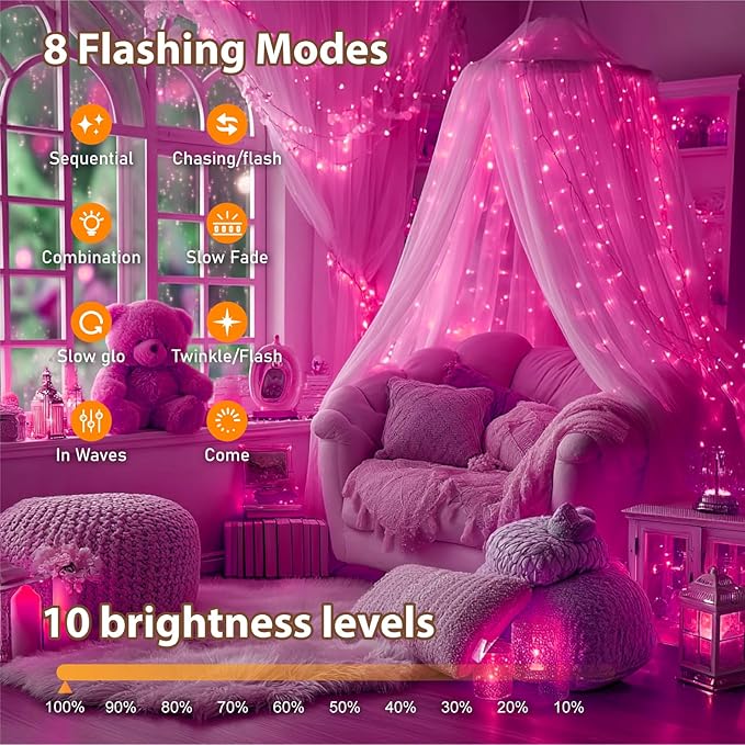 HXWEIYE Rechargeable Fairy Lights with Remote & DIY Timer, 33ft 100LED Battery Operated Twinkle String Lights, 8 Modes Decor Light for Bedroom Indoor Wedding Dorm Christmas Tree Party (Pink)