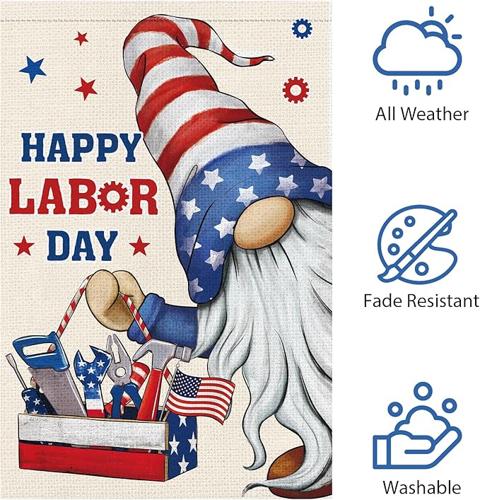 Heyfibro Happy Labor Day Gnome Garden Flag 12 x 18 Double Sided Burlap Working Tools Patriotic USA Flags for Outdoor Outside Farmhouse Decoration (ONLY FLAG)
