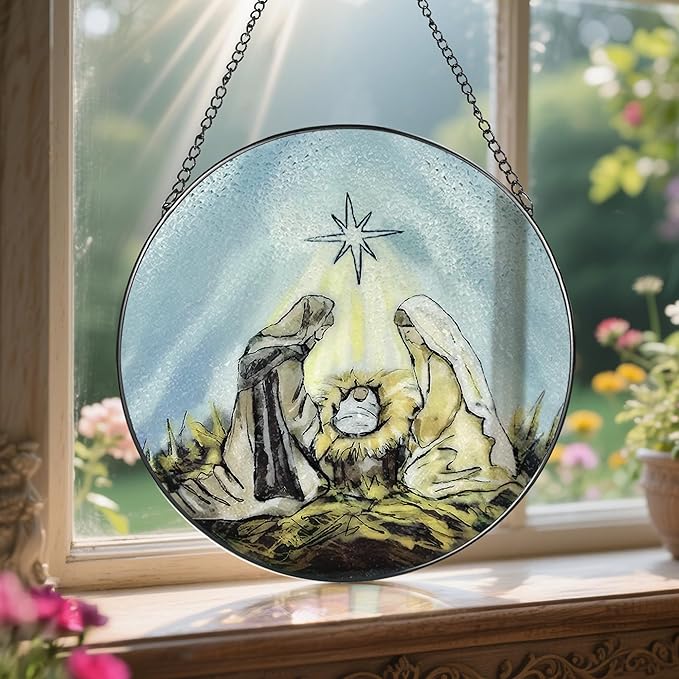 8'' Stained Glass Window Hanging, Nativity Ornament, Religious Suncatcher Ornament, Christian Decor, Holiday Decor, Gift for Christmas, Religious Gifts, Christian Gifts